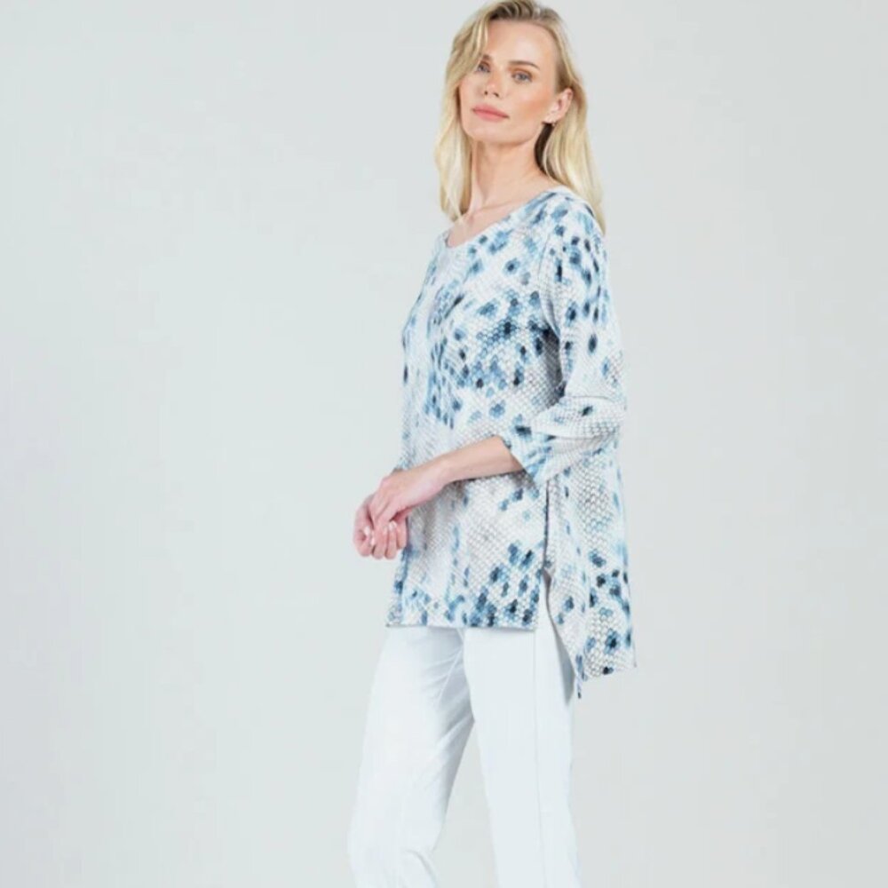 Clara Sun Woo Blue Gray Tie Dye Geometric Print Round Neck Pullover Top Medium